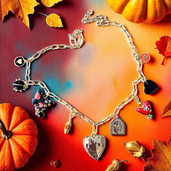 Charming Gold Toned Heart Necklace with Colorful Charms Ceramic Wood Enamel - Picture 10 of 14